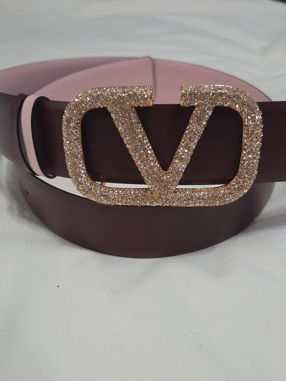 Valentino Maroon Pink Leather Belt Gold Crystal-Embellished V Buckle